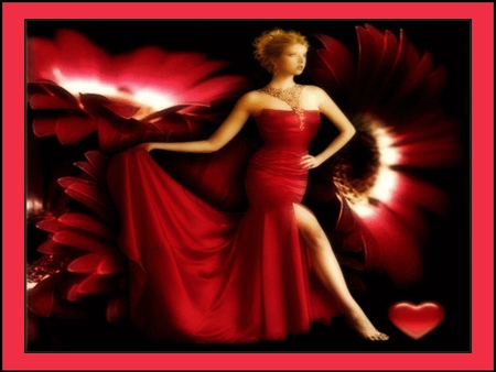 LADY IN RED - female, red, heart, flowers, dress