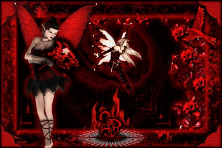 RED FAIRIES - flowers, fairies, bird, female, red, wings, mushrooms, flame