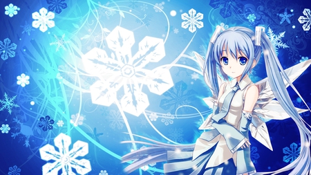 Yuki Miku - aqua, angel, wings, music, anime girl, white, amazing, art, cool, aqua eyes, artistic, hatsune miku, skirt, blue eyes, song, snowflakes, virutal, stunning, vocaloids, program, yuki miku, vocaloid, snow, beautiful, uniform, diva, snow miku, beauty, nice, twintail, singer, aqua hair, black, pretty, idol, anime, miku, cute, girl, cg, hatsune, blue hair, blue, yuki, tie, awesome, digital, outfit