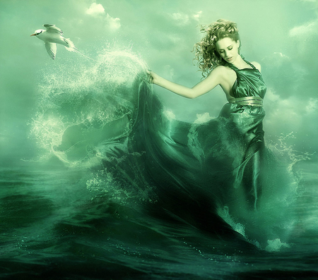 Dancing with the Waves - bird, lady, beautiful, green, gull, waves, sea