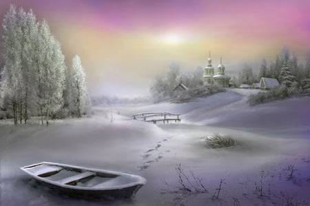 Pink Winter Blush - sky, houses, trees, winter, pink, beautiful, frozen, bridge, boat