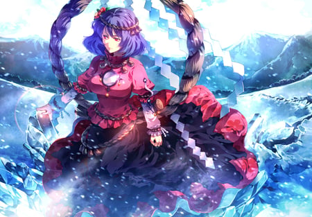 Yasaka Kanako - anime, winter, female, snow, dress, red eyes, ice, touhou, yasaka kanako, cold, mountains