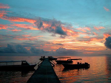 peaceful sunset - ocean, boats, sea, clouds