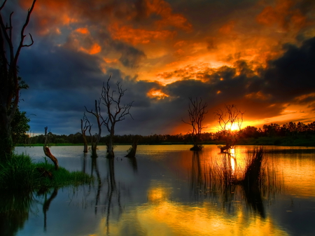 Sunset - sky, sunlight, sundown, sun, water, sunset, nature, reflection, clouds, colors, dusk