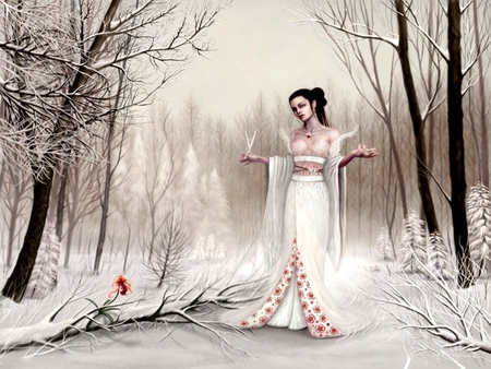 IN THE DEAD OF WINTER - female, forest, cold, snow, winter, dress