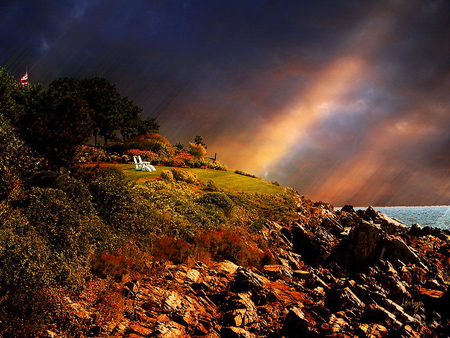 Sunlight from the clouds - clouds, house, sunlight, lonely, slope, mountain, sun stream, sunset, nature, sky