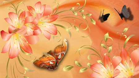 Love of Lilies - gold leaf, lilies, summer, bright, butterflies, gold, spring, orange