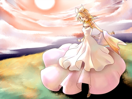 Kagamine Rin - sky, blonde hair, kagamine rin, vocaloid, dress