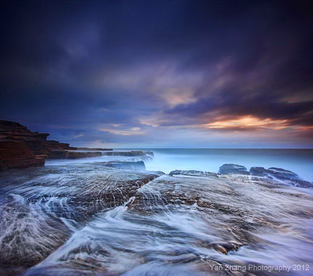 Evening surf - rocks, clouds, evening, coral, beach, waves, blue