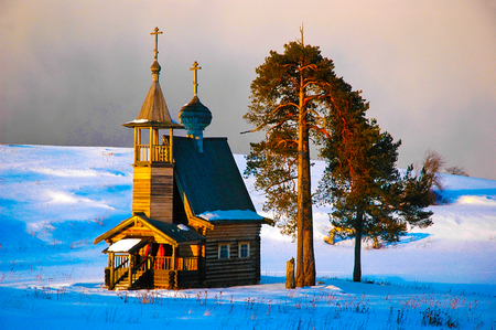 Church - orthodox, church, snow, russia, winter, tree