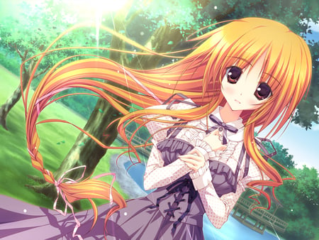 Hoshizora E Kakaru Hashi - leaves, anime, girl, dress, grass, lake, ribbon, long hair, bangs, orange, hoshizora e kakaru hashi, trees