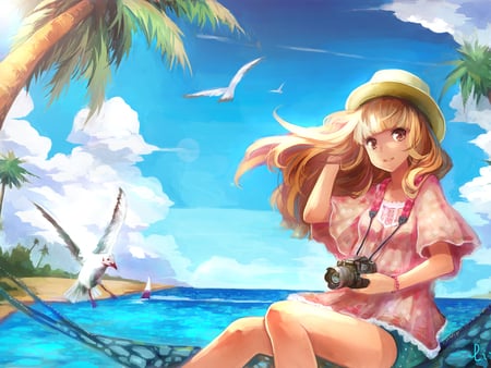 Anime girl with a camera - camera, dove, beach, anime, girl