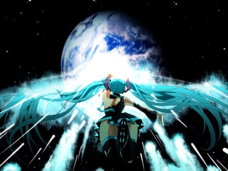 Hatsune Miku - tie, pretty, artistic, planet, earth, uniform, space, stunning, nice, program, leggings, hot, thighhighs, angle, beauty, cg, white, wings, cute, aqua eyes, song, outfit, sexy, vocaloid, anime, blue, amazing, twintail, virutal, hatsune miku, stars, music, stockings, art, idol, clouds, anime girl, skirt, beautiful, singer, girl, cool, black, miku, awesome, diva, digital, aqua hair, thigh highs, hatsune, vocaloids