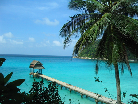 Paradise Awaits - blue, beach, ocean, hut, pier