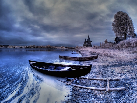 Cold Winter Landscape - sky, water, russian, cold, cloudy, blue, beautiful, icy, boat