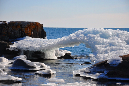 Ice bridge - formation, lake, rocks, ice, blue