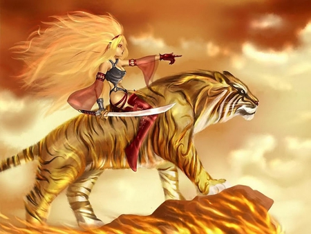 ELF OF LIGHT - sky, elf, female, clouds, warrior, light, sword, tiger