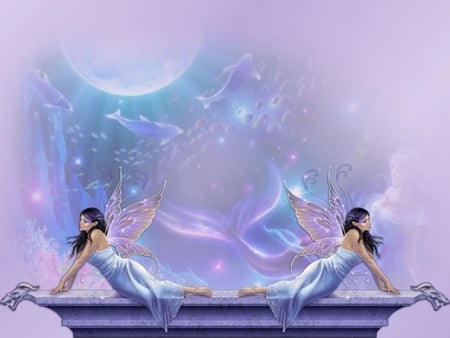 TWIN FAIRY - moon, twin, two, female, dolphins, wings, fairies, dress