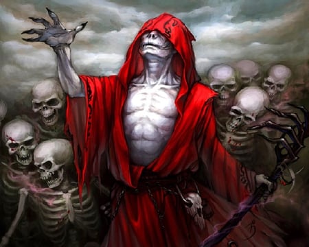 The Necromancer - necromancer, skeletons, red, robe