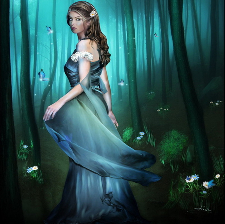 Marguerite - woman, beauty, trees, girl, magic, night, fantasy, forest, flowers, butterflies