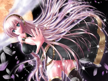 Megurine Luka - aqua, hot, thigh highs, headset, thighhighs, music, anime girl, stockings, white, amazing, art, cool, aqua eyes, artistic, sexy, leggings, song, stunning, space, vocaloids, program, vocaloid, pink, beautiful, uniform, blush, diva, beauty, nice, singer, black, virtual, pretty, megurine luka, idol, orange, anime, cute, megurine, luka, girl, pink hair, gold, cg, microphone, headphones, awesome, digital, outfit