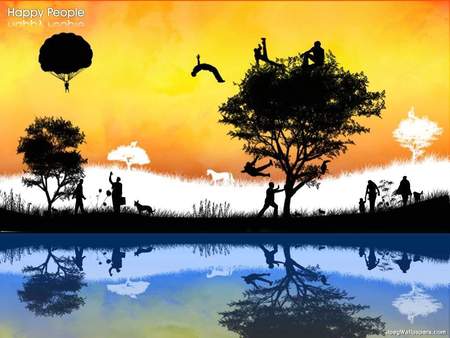 Happy People - trees, water, summer, parachute, lake, sky