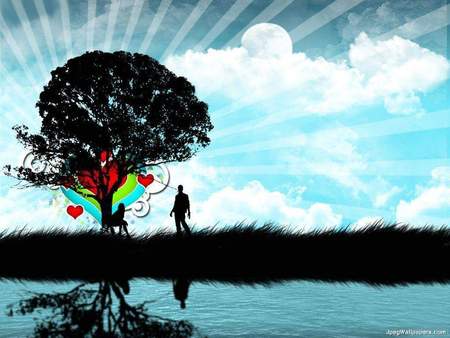 Man With Tree - moon, hearts, sky, clouds, water, tree