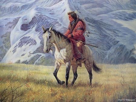 Indian on horse - fields, mountain, native, people, animals, american, painting, nature, snow, xx, white horse