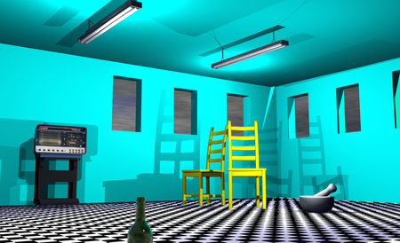 Blue Walls - checker floor, blue, room, radio, wall