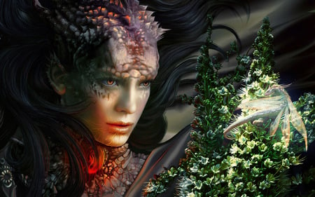 Dragon Lady - girls, lady, girl, scales, fantasy, horns, queen, 3d, photoshop, future, anime, dragon, colors, flowers