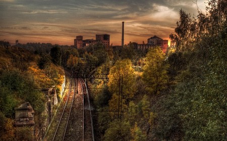 railway - trees, railway, landscape, houses, sky