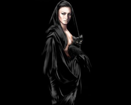 woman in black - girl, dark, cat, black, fantasy, kitten, woman, princess, dreamy