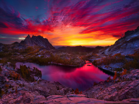 Sky fire - lake, sky, sundown, mountain, night, water, sunset, mirrored, fire, rocks, clouds