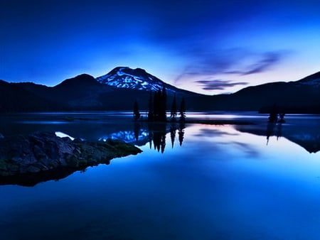 Blue hour - lake, sky, mountain, peaceful, night, mirrored, calm, nature, blue hour, reflection, clouds, blue, dusk