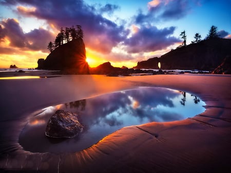 Last light - sunshine, sky, lake, sundown, light, water, sunset, rocks, last, clouds