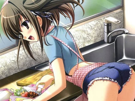 in the kitchen - bento, girl, cooking, shorts, apron, sexy