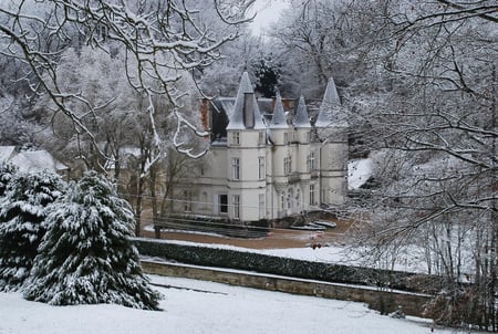 château - la, neige, architecture, sous, dans les, arbres