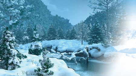 Hight Mountain Snow - ice, cold mountains, trees, winter, stream, brook, creek, forest, snow