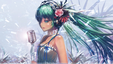 Miku - hatsune miku, alphonse, twintails, blue eyes, long hair, microphone, vocaloid, photoshop, blush, flowers, green hair, dress