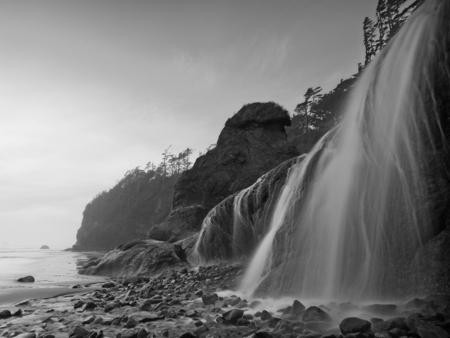 ocean falls - beach, photography, beauty, sand, black, white, nature, waterfall, rocks