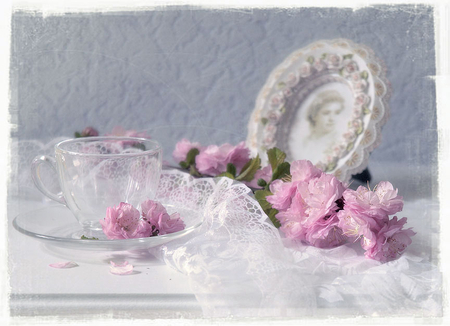 Sweet Memories - frame, photography, lace, saucer, petals, crystal, flowers, plate, purple, picture, woman, clear, round, glass, cup