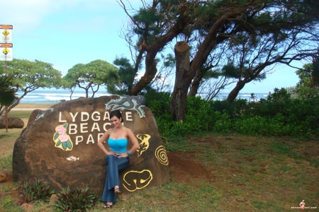 Denise-Milani - trees, blue, model, rock, hawaii