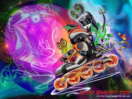 compy spagehtti code - abstract, colors, rollerblade, charcters