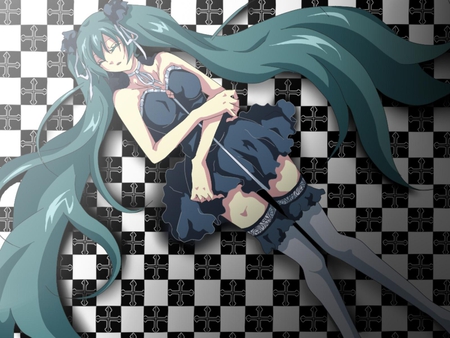 Hatsune Miku - aqua, thigh highs, headset, thighhighs, music, anime girl, stockings, white, laying, art, cool, checkered, artistic, hatsune miku, leggings, song, vocaloids, program, vocaloid, beautiful, uniform, diva, dress, beauty, nice, twintail, singer, black, virtual, pretty, idol, anime, miku, cute, twin tail, girl, cg, hatsune, microphone, headphones, awesome, digital, outfit