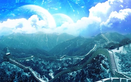 Chinese Wall - nice, sky, people, mountains, wonderful, amazing, art, pretty, cloud, clouds, architecture, valley hills, planet, skyphoenixx1, stars, planets, sunlight, mountain, chinese wall, stunning, outstanding, space, nature, abstract, person, wall, beautiful, awesome, fantastic