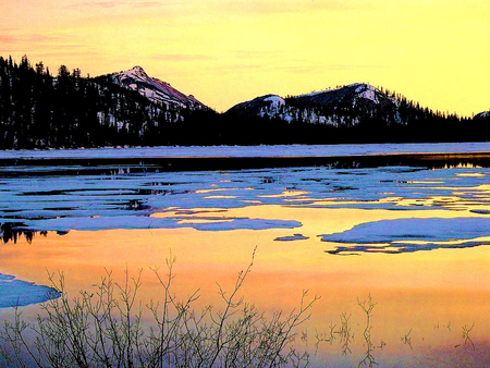 gold reflections on the lake - amazing, lake, sunsets, peacefull, mountains, gold