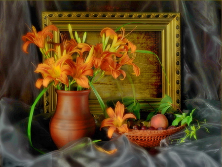 Still life - red, frame, delicate, pretty, beautiful, flowers, fruits, vase, harmony, still life, border, nice, picture, lovely, orange