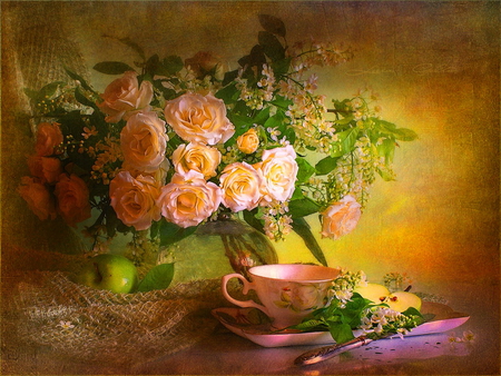 Still life - pretty, vase, roses, coffee, beautiful, tea tine, tea, lovely, still life, flowers, shadows, nice, cup