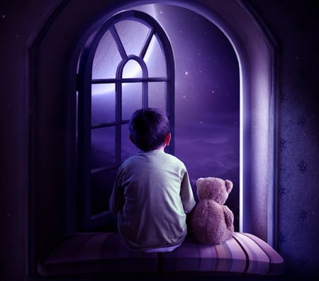 Little Boy and Teddy - boy, people, purple, window, teddy