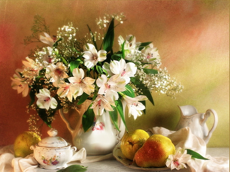 Still life - nice, coffee, fruits, delicate, pears, tea, lovely, still life, vase, teapot, pretty, beautiful, flowers, service, harmony